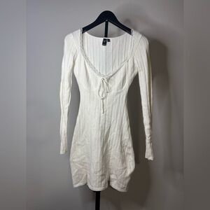 Windsor Cream Ribbed Long-Sleeve Tie-Front Sweater Dress